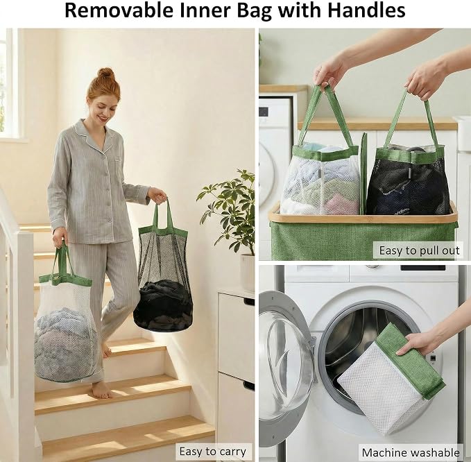 efluky Laundry Hamper with Lid, Double Laundry Hamper with 2 Removable Bags, 2 Section Laundry Basket with Bamboo Handles for Bathroom, Bedroom & Laundry Room,140L Green - Image 4