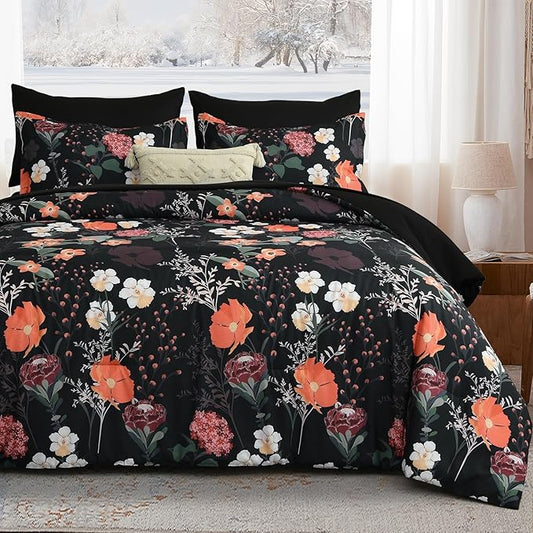 Yiran Black Red Floral Comforter Set King Size, 7 Piece Winter Comforter Bedding Set, Farmhouse Bed in a Bag, Soft Microfiber Complete Bedding Set with Sheets for All Season
