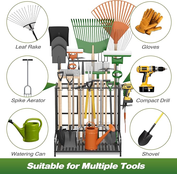 Sttoraboks Garden Tool Organizer Rack Up to 39 Tools, Heavy-Duty Steel Yard Tool Organizer for Garage Storage with 12 Hooks, Broom Holder & Garden Tool Rack for Shed, Patio, Outdoor Storage, Black - Image 4
