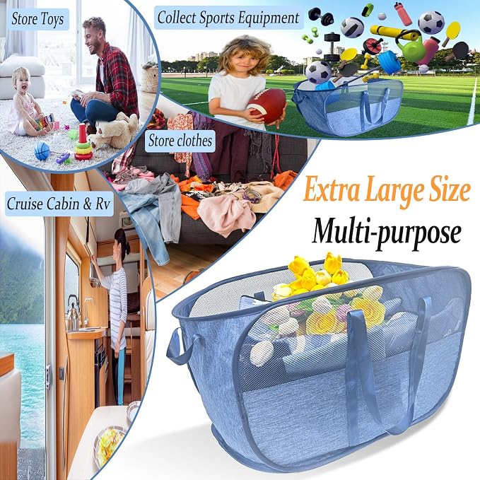 Extra Large Mesh Pop Up Laundry Hamper, 100L Collapsible Laundry Basket, Dirty Clothes Hamper with Reinforced Handles, Storage Bins for Shelves, Dorm or Home Portable Stair Laundry Basket. Blue - Image 4