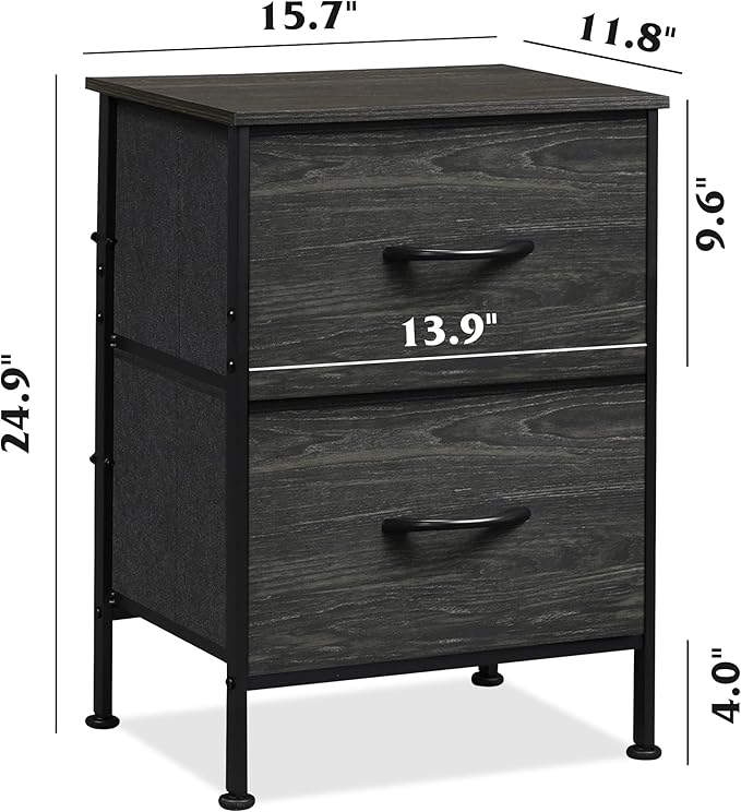WLIVE Nightstand, Nightstand with 2 Drawers, Bedside Furniture, Night Stand, Small Dresser for Bedroom, College Dorm, End Table with Fabric Bins, Dormitory, Charcoal Black Wood Grain Print