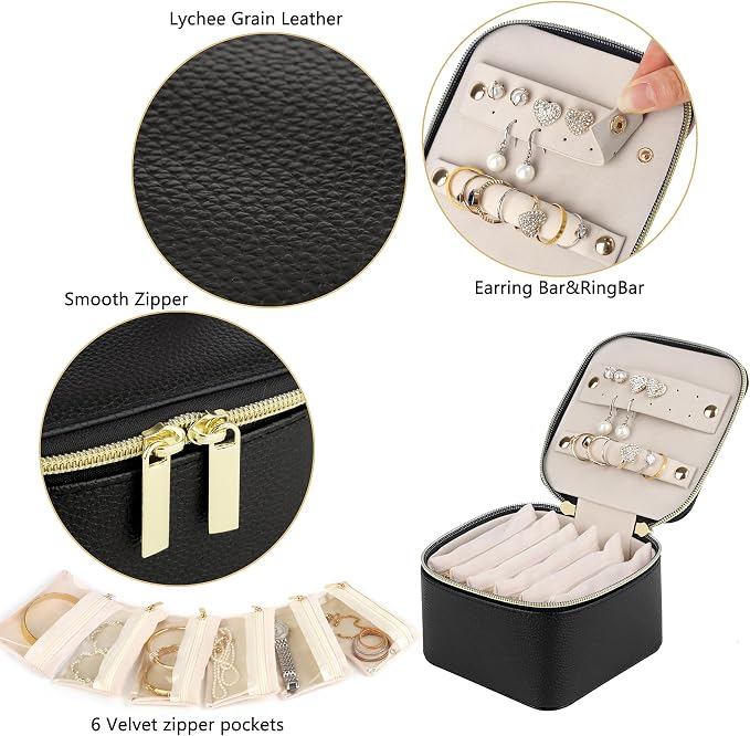 HofferRuffer Jewelry Box Organizer for Women Girls, Travel Jewelry Case with 6 Portable Zipper Bags, Jewelry Storage Ideal for Travel & Home Organization (6pcs-Black Faux Leather) - Image 3