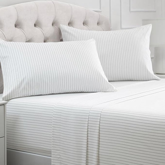 Mellanni California King Sheets Set - 4 PC Iconic Collection Bedding - Hotel Luxury, Extra Soft, Cooling Bed Sheets - Wrinkle, Fade, Stain Resistant (Cal King, Pinstripe Gray)