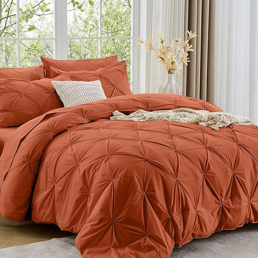 Sasttie Twin Comforter Set, 5-Piece Bed in a Bag, Pintuck Bedding Sets for All Season, Includes Comforter, Flat Sheet, Fitted Sheet, Pillowcase and Pillowsham, Burnt Orange