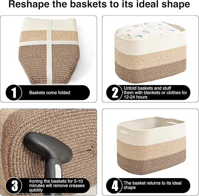 ICERZCZ Storage Baskets for Organizing & Shelves, Woven Cotton Rope Organization Bins for Dog Toys, Clothes, Books, Nursery Organizer, 15"Lx11"Wx9.5"H, (4 Packs) Gradient Brown - Image 7