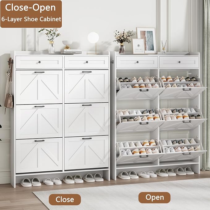 Shoe Cabinet with 6 Flip Drawers & 2 Top Drawers, 57" Tall Freestanding Narrow Wooden Shoe Storage Organizer for Entryway, Hidden Slim Shoe Rack for Front Door Entrance, Hallway, Living Room, White - Image 4