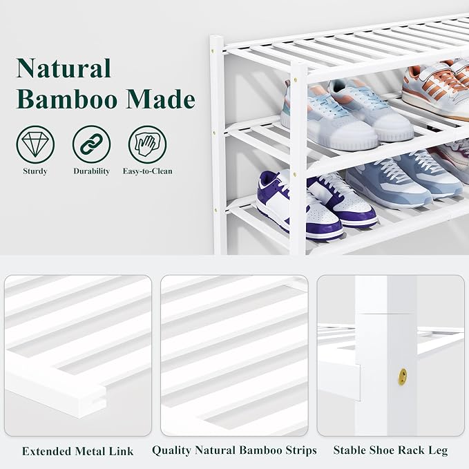 Smiry Shoe Rack, 6 Tier Thick Bamboo Shoe Organizer, Stackable Free Standing Wooden Shoe Storage Shelf for Closet, Entryway, Front Door Entrance, White - Image 3