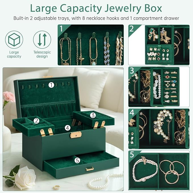AKOZLIN Travel Jewelry Box Organizer Functional 2-trays Leather Jewelry Storage Case with Lockable Portable Drawer for Women Girls Ring Necklace Earring Bracelet - Image 4