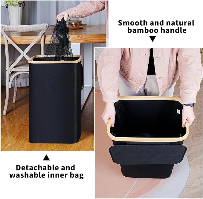 iEGrow 75L Slim Laundry Hamper, Narrow Laundry Basket with Lid,Foldable Clothes Hamper with Bamboo Handles,Hamper Basket with Removable Inner Bag for Laundry Room Bedroom College Dorm,19.8 Gals Black - Image 3