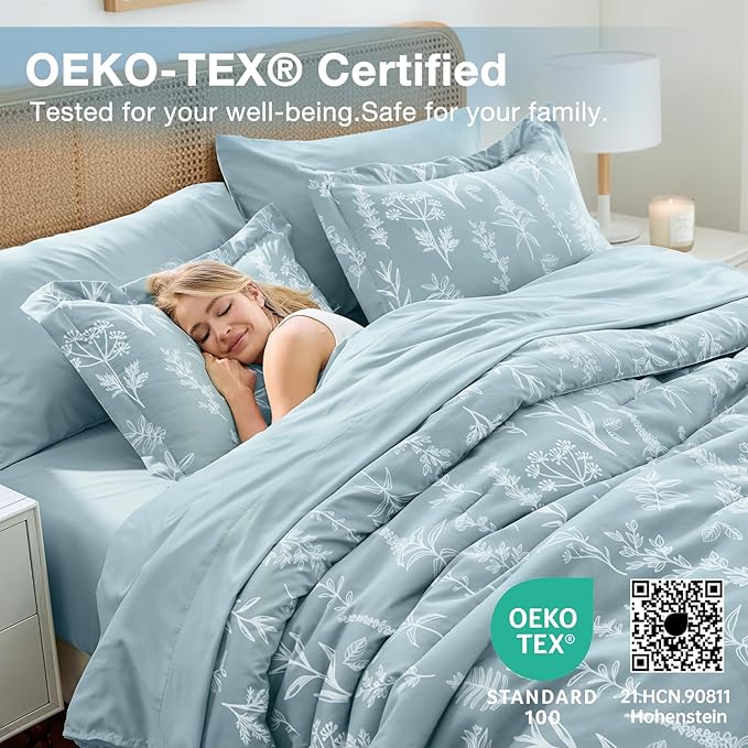 MUXHOMO Mineral Blue Bed in a Bag King 7 Pieces, King Comforter Set Reversible Botanical Flowers Design, Ultra Soft & Breathable Bedding Sets with Comforter, Sheets, Pillowcases & Shams