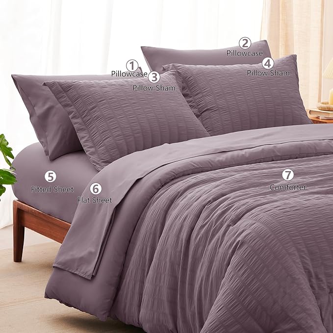 CozyLux Full Size Comforter Sets with Sheets 7 Pieces, Dusty Purple Seersucker Bed in a Bag Textured Luxury Soft Grayish Purple Bedding Set with Down Alternative Comforter, Sheets, Pillowcases & Shams