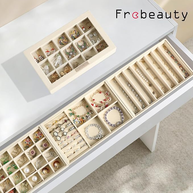 Frebeauty Stackable Jewelry Trays, Velvet Drawer Jewelry Organizer with Glass Lid,5 in 1 Multi-Functional Jewelry Storage for Earrings Necklaces Rings, 10.5 x 6.5 x 5.55 Inches Gift for Women(Beige) - Image 2