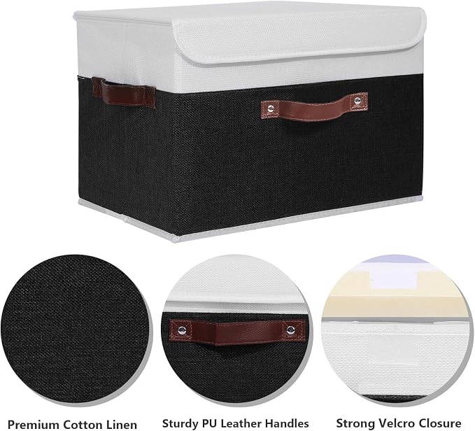 ANMINY Storage Boxes with Lids Washable Decorative Storage Bins Basket with PU Leather Handle Foldable Linen Fabric Storage Cubes Containers for Home Closet Organizer - Black White, Large Size - Image 2