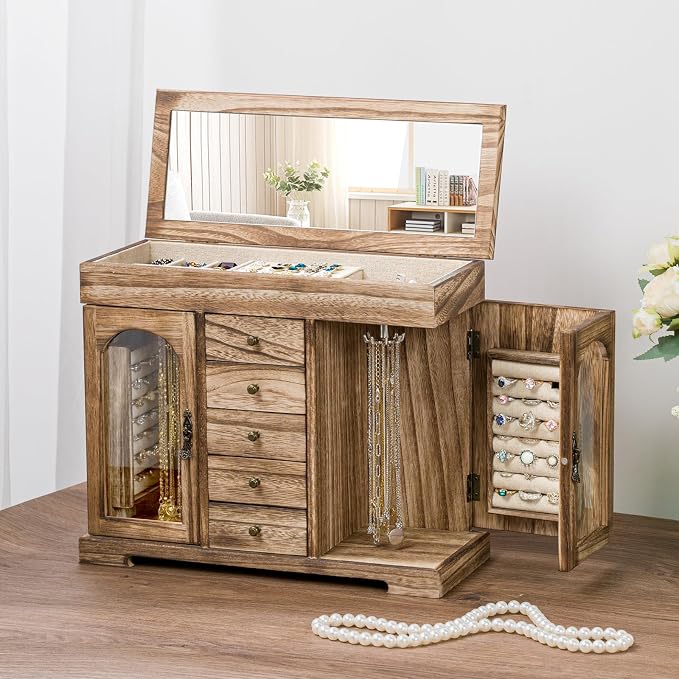 Miratino Jewelry Box for Women Girls, Rustic Wooden Jewelry Organizer Box with Mirror, 5 Layer Jewelry Storage Case Display for Necklaces Earrings Rings Bracelets Valentine's Day Gifts - Image 2
