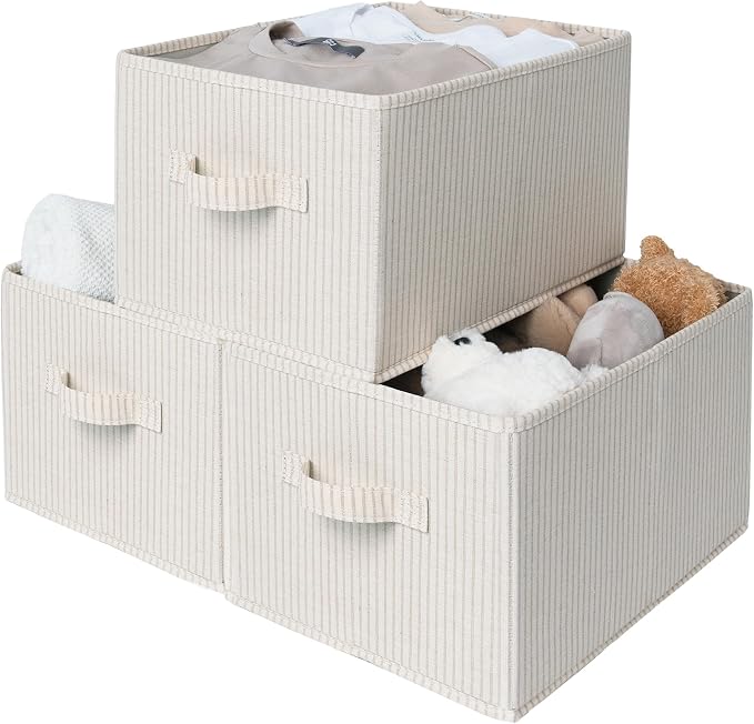 StorageWorks Foldable Shelf Organizer Bins, Closet Storage Baskets for Clothes, Fabric Storage Bins for Shelves, Beige Stripes, 3-Pack, Large by StorageWorks