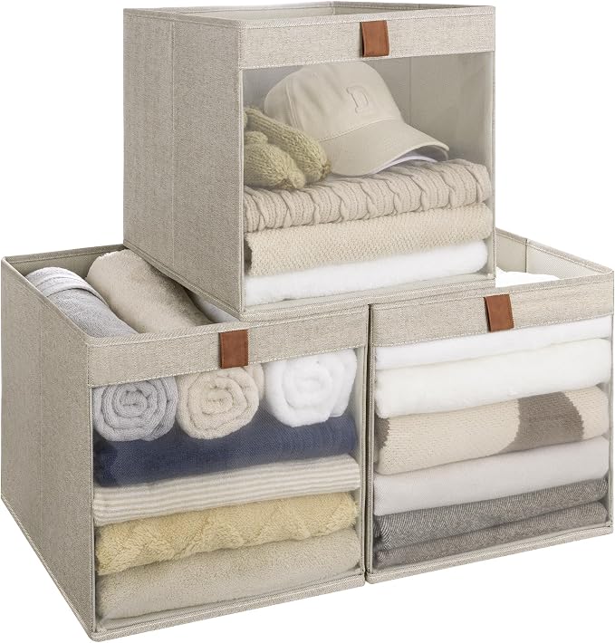 StorageWorks 13x13 Storage Cubes, Closet Storage Bins with Clear Window, Large Fabric Organizer for Clothes, Collapsible Storage Baskets with PU Handles, Brown and Beige, 3-Pack by StorageWorks