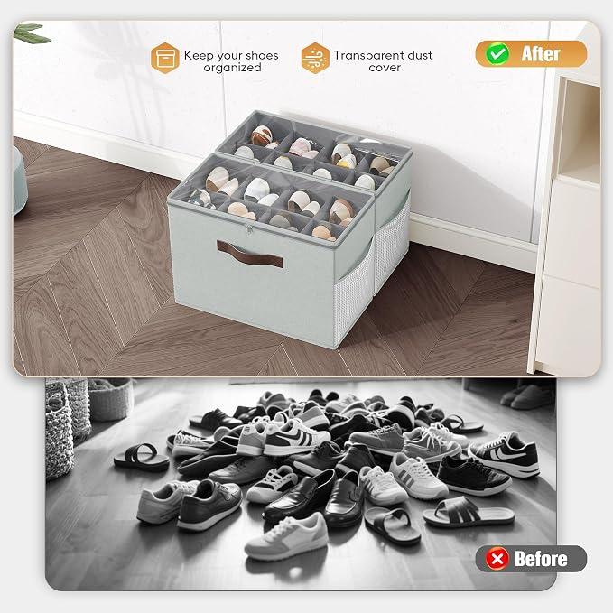 Budding Joy 2 Pack Shoe Organizer for Closet, Clear Foldable Shoe Storage Containers Adjustable Dividers Fits 16 Pairs,Shoe Storage Bins Baskets Boxes with Reinforced Handles Light grey - Image 3