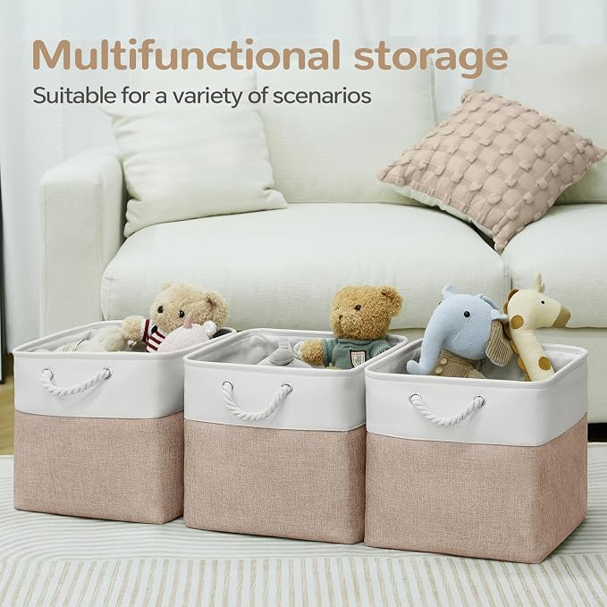 12 x 12 Inch Cube Storage Bins, 4 Pack Fabric Storage Basket with Handles, Foldable Boxes Organizer for Shelf Baskets for Home, Clothes (White/Khaki) - Image 5