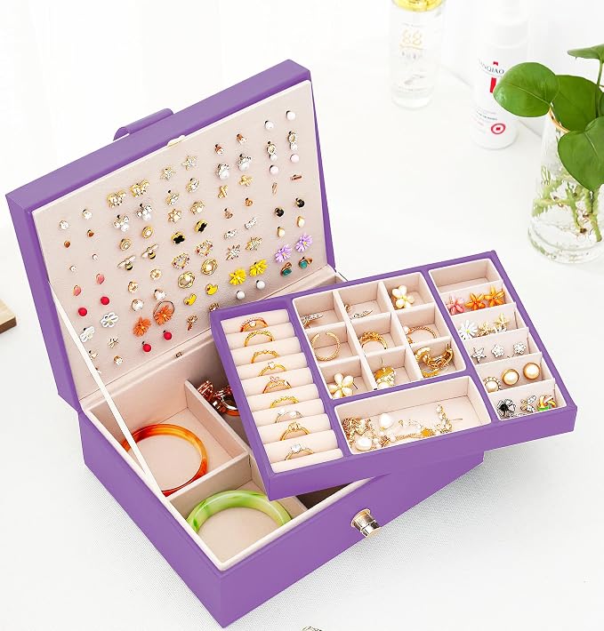 QBestry Girls Jewelry Box for Earrings Jewelry Organizer Box Teen Girls Earrings Organizer Jewelry Box with Earring Holder Organizer Stud Earring Box for Girls Womens Jewelry Case Organizer Purple - Image 8