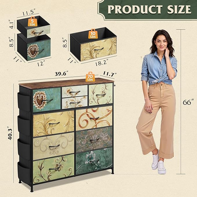 WLIVE Fabric Dresser for Bedroom with 10 Drawers, Chest of Drawers with Side Pockets and Hooks, Sturdy Metal Frame, Drawers Organizer Unit for Living Room, Hallway, Floral Painted