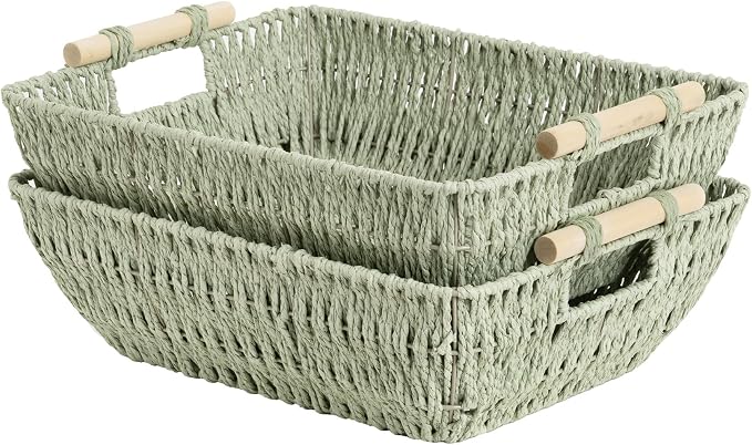 StorageWorks Extra Large Wicker Storage Basket for Organizing with Wooden Handles, Toilet Paper Baskets for Shelf, Bosana Green, 2-Pack by StorageWorks