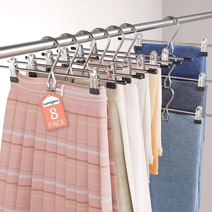 Pants Hangers Space Saving,Stackable Skirt Hangers with Clips, Hanging Closet Organizer and Storage,Clothes Hangers, College Dorm Essentials Apartment Essentials- 8 Pack by Lumigens