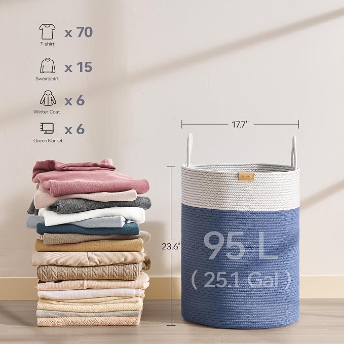 Nunsino Laundry Hamper 95L,Large Laundry Basket for Clothes,Decorative Storage Basket for Blankets,Cotton Rope Woven basket for bedroom,Navy Blue - Image 6