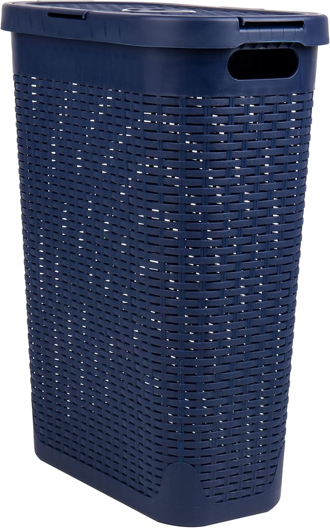 Mind Reader Slim Laundry Hamper with Lid, 40L Clothes Basket, Narrow Tapered Design with Ventilated Cutout Pattern, Plastic, Navy - Image 7