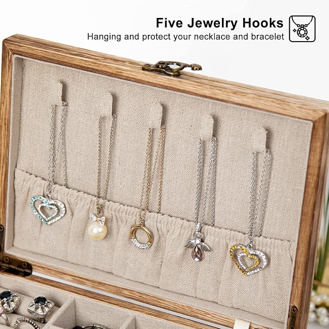Pinzoveco Jewelry Box for Women, Rustic Wooden Jewelry Organizer Box for Storage Earrings Rings Necklace Bracelet, Farmhouse Style Wood Jewelry Boxes & Organizers (Torched Wood Color) - Image 4