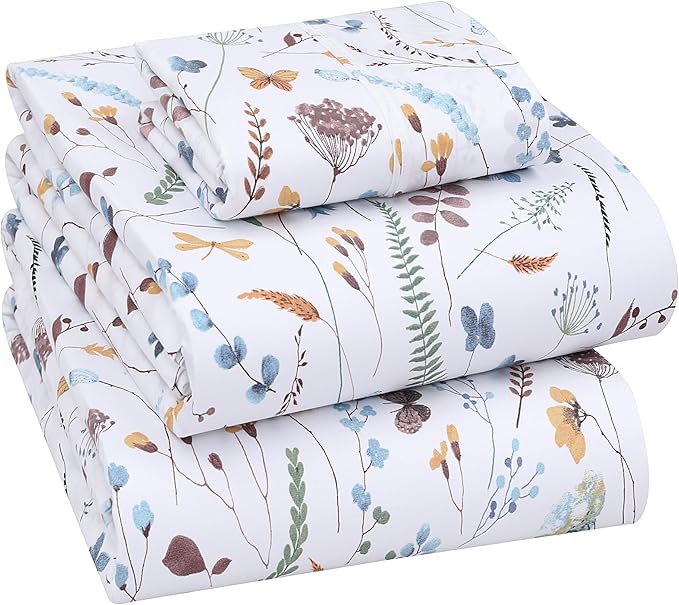 RUVANTI 100% Cotton Sheets – Twin XL Size Percale Bedding, Cooling & Breathable Floral Design, Durable with a Crisp, Soft & Comfortable Feel, 16" Deep Pocket, 3-Piece Set, Fern Class