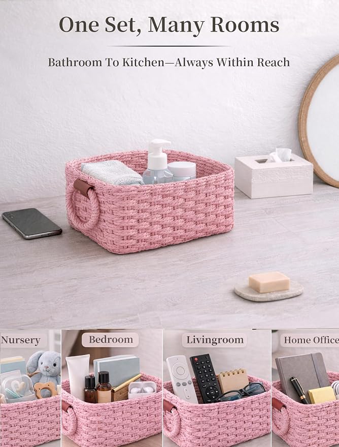 Storage Basket, Recycled Paper Rope Bathroom Basket Organizer, 3Pcs Small Baskets for Organizing, Mini wicker Basket for Decorative Storage Bins, Shelves, Bathroom, Cabinet - Pink - Image 6