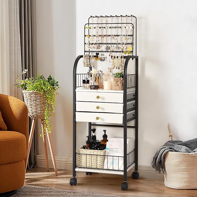Keebofly Large Jewelry Organizer Stand with 3 Drawers, Floor Display Holder with Necklace, Earring, Bracelet, Ring Storage — Rolling Armoire Tower for Bedroom or Closet (Black) - Image 7
