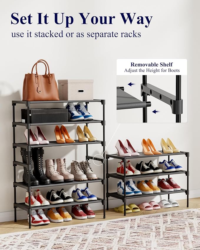 Kitsure Shoe Rack - Non-Woven Shoe Rack Shelf, Shoe Organizer for Closet, Entryway, Garage & Corridor, Stackable Shoe Shelves, 27.5" Wide - 3 Tier, Black - Image 7