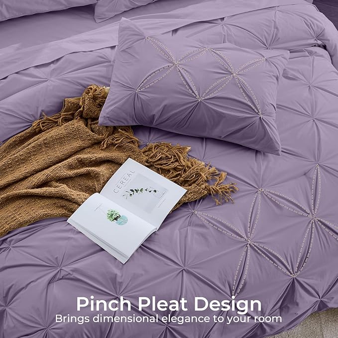 Sasttie Twin XL Comforter Set, 5-Piece Bed in a Bag, Pintuck Bedding Sets for All Season, Includes Comforter, Flat Sheet, Fitted Sheet, Pillowcase and Pillowsham, New Purple