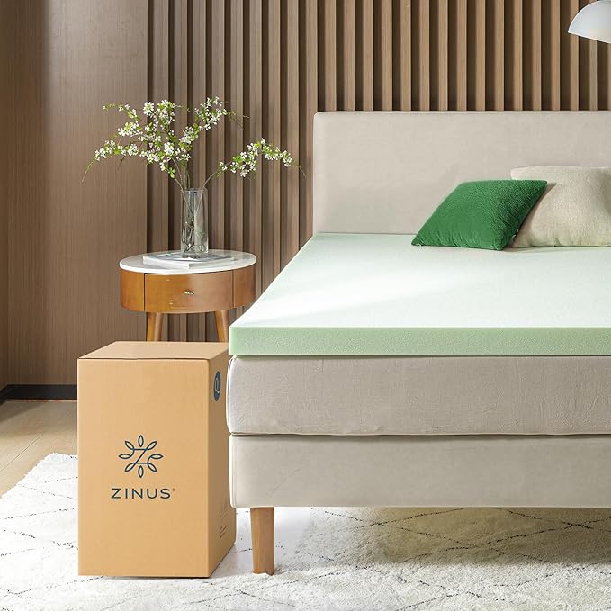 ZINUS 3 Inch Green Tea Memory Foam Mattress Topper, Pressure-Relieving Layer, Ideal for Back Pain Relief, Compact WONDERBOX Packaging, CertiPUR-US Certified, Queen