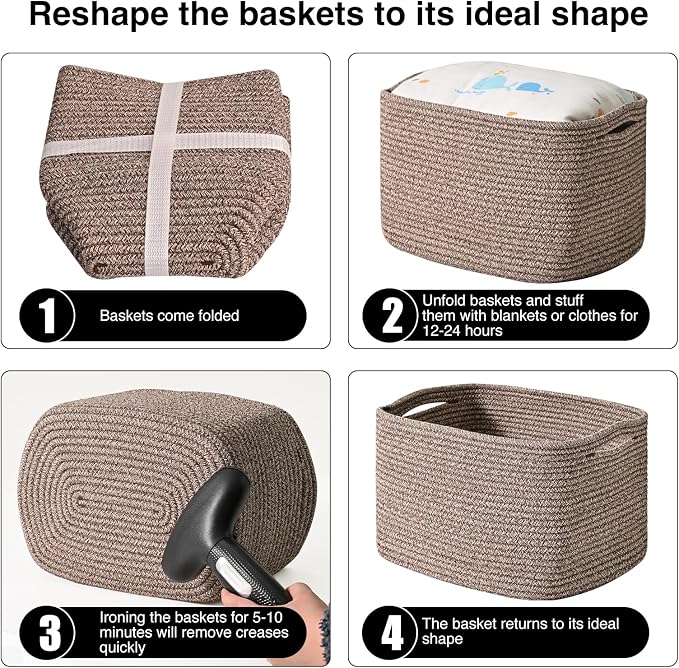 ICERZCZ Storage Baskets for Shelves Organizing, Woven Cotton Rope Baskets for Storage, Book Basket, Decorative Shelf Basket, 12.5"Lx9.1''Wx7.9''H (4 Packs) Dark Brown - Image 7