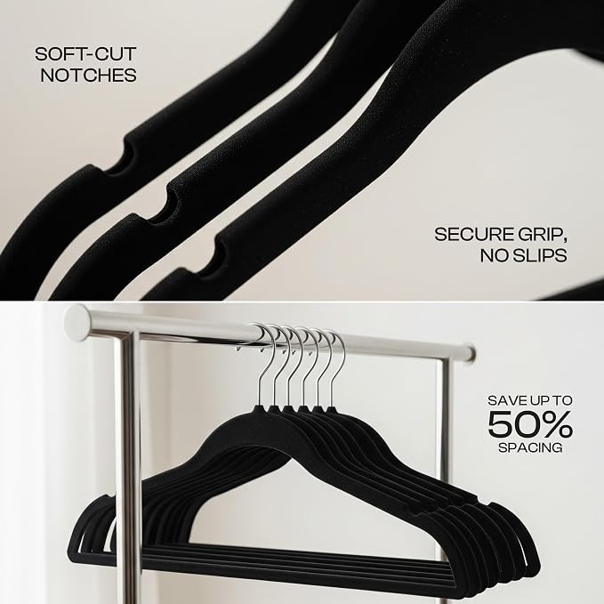 Utopia Home Velvet Hangers 50 Pack – Luxury Non-Slip Slim Pant & Coat Hangers, Strong Space-Saving Clothes Hangers with Pants Bar and 360° Swivel Hook – Black - Image 4