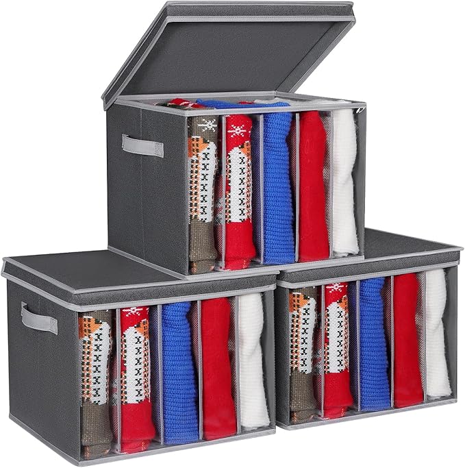 Zilink Upgraded Sweater Organizer for Shelf with Lids and Support Boards Clothes Organizer for Closet with 5 Grids Divider Sweater Storage Bins for Sweaters, Jeans, Pants, Black Pattern, 3 Pack by Zilink