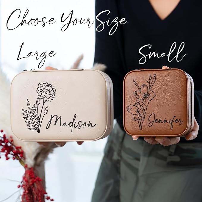 Custom Leather Jewelry Box w/Name & Birth Flower Month - Birthday Gifts for Women, Personalized Jewelry Travel Case - Customized Jewelry Organizer Box, Mom Birthday Gifts - Emerald - Image 5