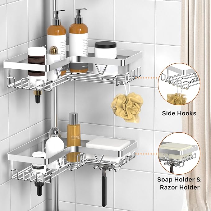 KEGII SUS304 Corner Shower Organizer, Stainless Steel Tension Pole Corner Bathroom Caddy, No Drilling Required Adjustable Shower Shelf for Inside Showers, Silver - Image 3