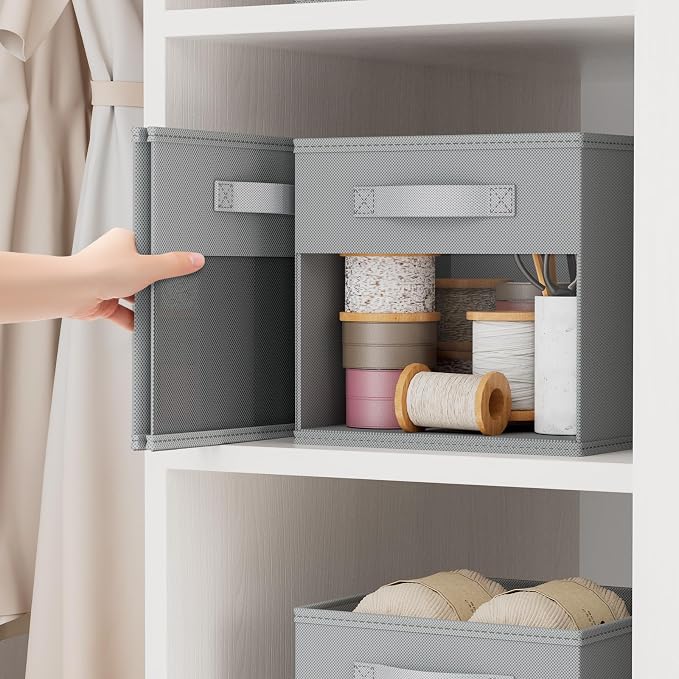 DIMJ Storage Cubes, 11x 11 inch Cube Storage Bin, 6 Pack Closet organizers and storage Bins with Window, Collapsible Baskets with Handle for Shelves, Clothes, Toys, Books (Grey) - Image 3