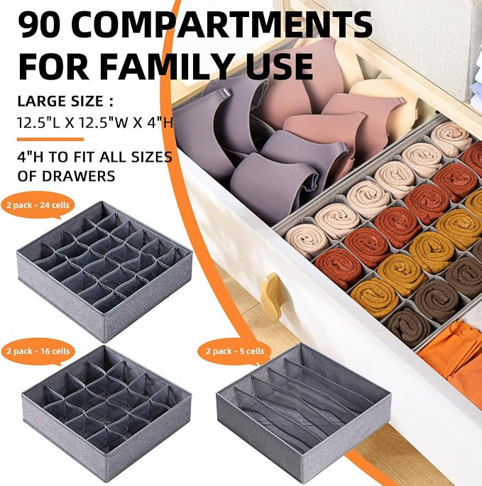 Criusia 6 Pack Large Drawer Organizer for Sock Underwear - Washable Heavy Duty Fabric Closet Organizers and Storage Bins - 90 Cells Dresser Organizer Divider for Baby Clothes, Ties, Belt (Grey) - Image 2
