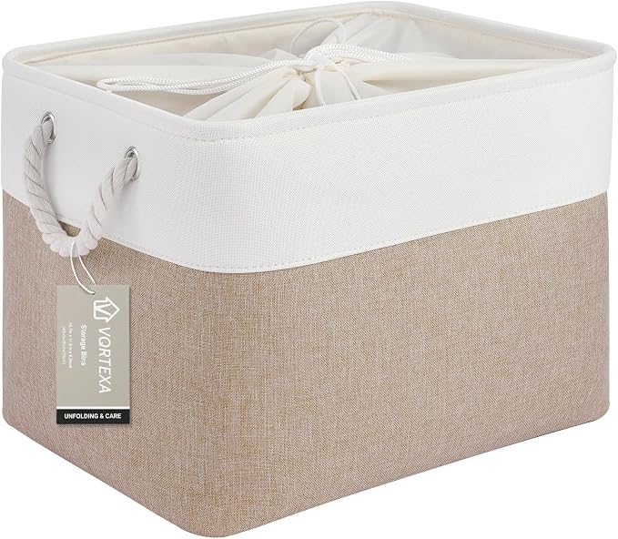 Large Storage Baskets- 16x12x12 inch Storage Bins for Shelves and Closet Organizing, Foldable Fabric Bin for Home Organization Clothes and Laundry (1-Pack, White&Khaki) by VQRTEXAStorageBasket