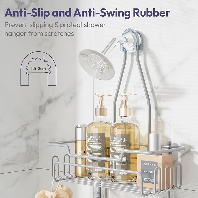 SWTYMIKI Bathroom Shower Caddy Hanging - 3 Tier Rustproof Over Shower Head Organizer, No Drilling Bathroom Shelf with 16 Hooks & Soap Holder, Anti-Swing Rack for Shampoo,Sponge,Towel, Silver, Medium - Image 4