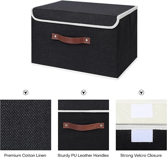 ANMINY 4PCS Storage Bins with Lid PU Leather Handles Storage Boxes PP Plastic Board Decorative Foldable Lidded Cotton Linen Fabric Home Cubes Baskets Closet Organizer Containers - Black, Large Size - Image 3