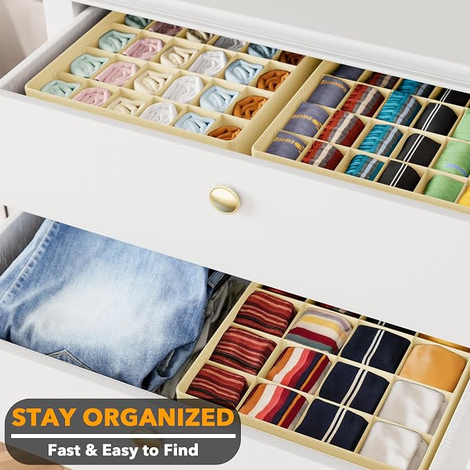 SpaceAid Sock Drawer Organizer Divider 3 Pack, 64 Cell Dresser Closet Nursery Underwear Organizers Storage Bins for Organizing Socks Underwear Ties Belts (Beige) - Image 3