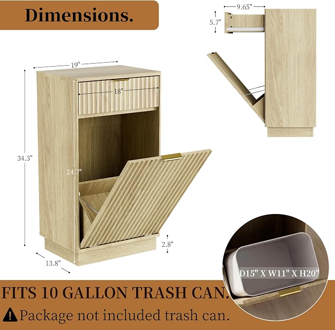 Tilt-Out Trash Cabinet with 10-Gallon Capacity, Walnut Laundry Hamper Cabinet, 34.3 x 19 x 13.8 inches, Wave-Textured Front. - Image 3