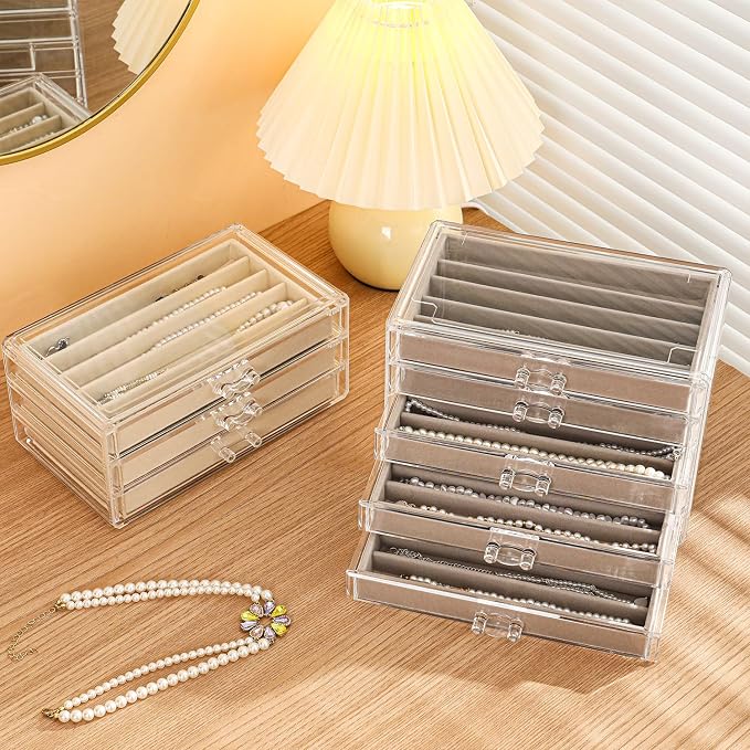 5 Drawerss Necklace Organizer Box, Tray with Clear Lid, Dustproof Velvet Necklaces Holder Storage Display Case, Gery Necklace Tray Drawer Insert for Pendant Suitable for Women and Girls (25 grids) - Image 3