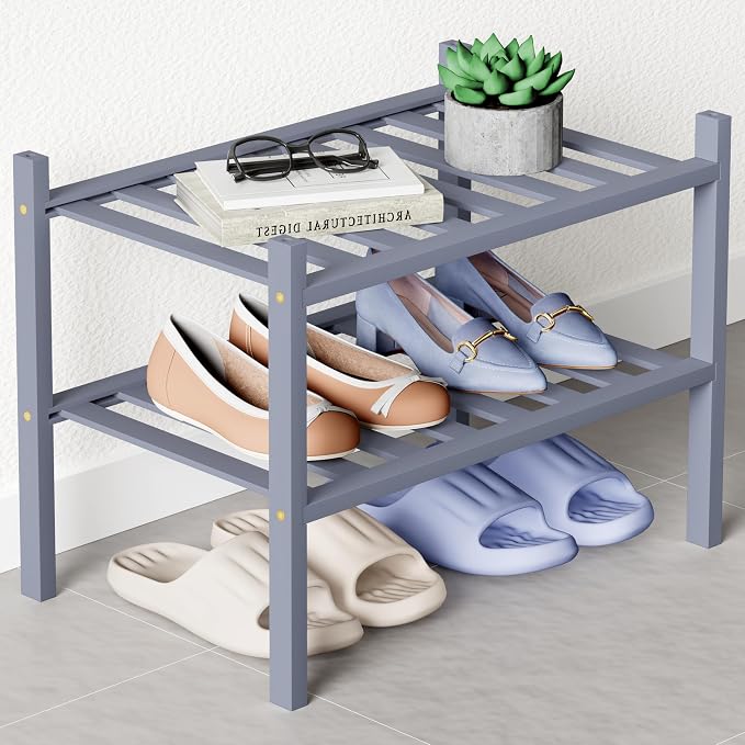Smiry Bamboo Shoe Rack for Closet, 2 Tier Small Wooden Stackable Shoe Organizer, Free Standing Shoes Storage Shelf for Entryway, Front Door Entrance, Grey by Smiry