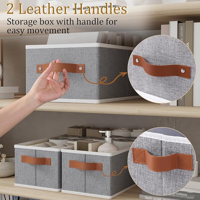 OUTBROS Cube Storage Unit Boxes, Foldable Bins for Bedrooms, Living Rooms, Shelves, Baskets With Handles, Fabric Wardrobe Organiser, Grey, 16.1 x 6.5 x 9.8 inch, 3-Pack - Image 4